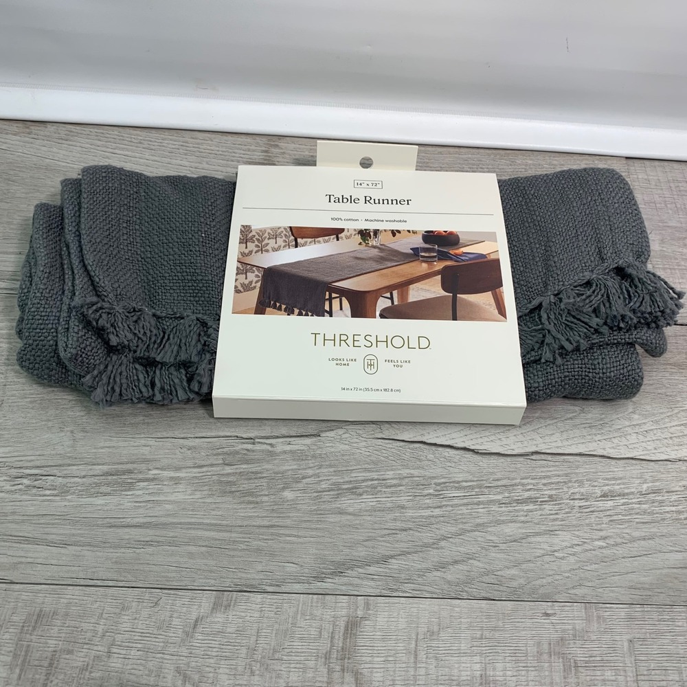 Threshold Dark Gray Cotton Table Runner with Tassels 14x72 Charcoal Woven NEW